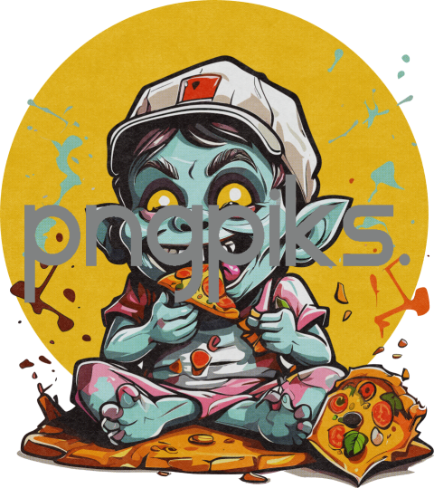 10230032 Dig in and D'awww! Cute Lil' Zombie Chomps Pizza in This Half-Toned POD Tee