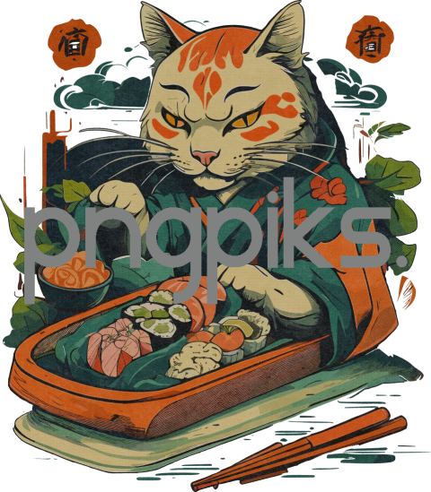 1263579 Emotional Sushi Whispers: Feline Tale on Half-Tone Tee Canvas