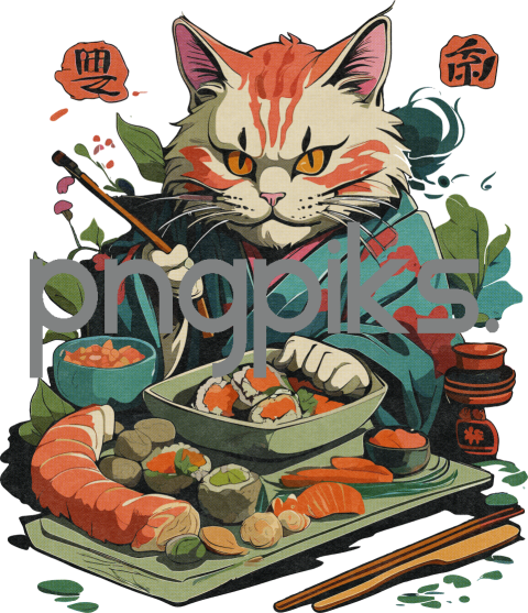 1165321 Unique Cat Sushi T-Shirt: Anti-Design Half-Tone Culinary Style