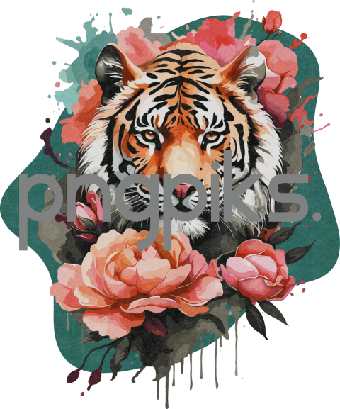 1262036 Expressive Watercolor Tiger & Floral T-Shirt: Anti-Design Aesthetic