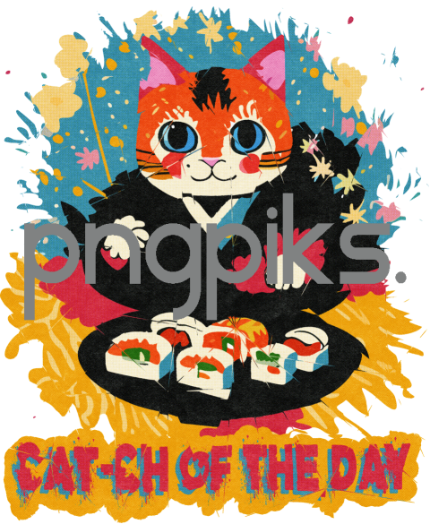 10400626 Colorful Funny Sushi Cat Doodle Art for Print-On-Demand Products
