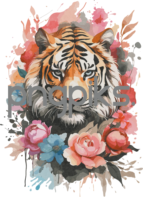 1240141 Expressive Watercolor Tiger & Floral T-Shirt: Anti-Design Style