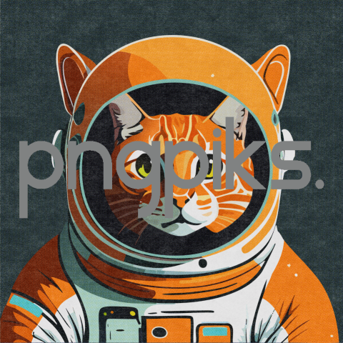 18810329 Exploring the Cosmos: Vibrant Orange Cat Astronaut T-Shirt Design with Half-Tone Effect