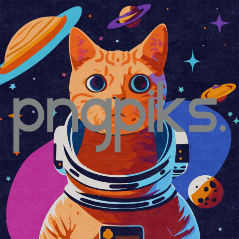 29862569 Cosmic Whiskers: Orange Cat Astronaut Ventures into a Colorful Galaxy - Half-Tone T-Shirt Delight