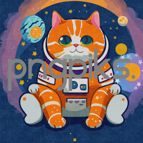 31104774 Galactic Purr-suit: Orange Cat Astronaut Explores a Colorful Cosmos in Trendsetting T-Shirt Design