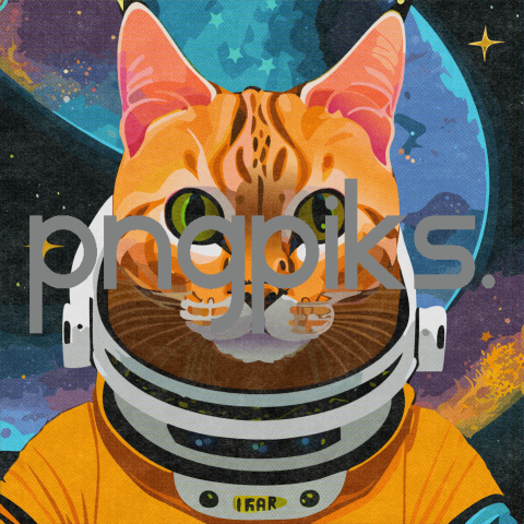 31903764 Cosmic Catwalk: Orange Cat Astronaut Soars through a Colorful Galaxy in Half-Tone T-Shirt Elegance