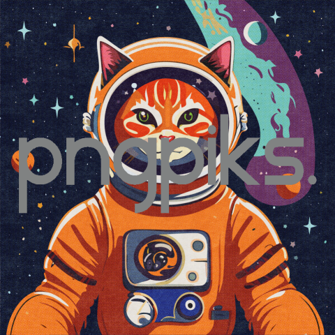 32712511 Cosmic Cat Expedition: Orange Astronaut Kitty Ventures Through a Vibrant Galaxy in Half-Tone T-Shirt Splendor