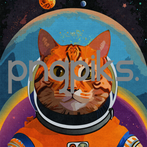 38137106 Cosmic Whisker Odyssey: Orange Cat Astronaut Ventures through a Colorful Galaxy in Half-Tone T-Shirt Glory