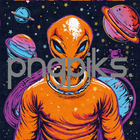 20125016 Cosmic Chic Odyssey: Orange Alien Astronaut Dazzles in Anti Design's Colorful Galaxy Tee