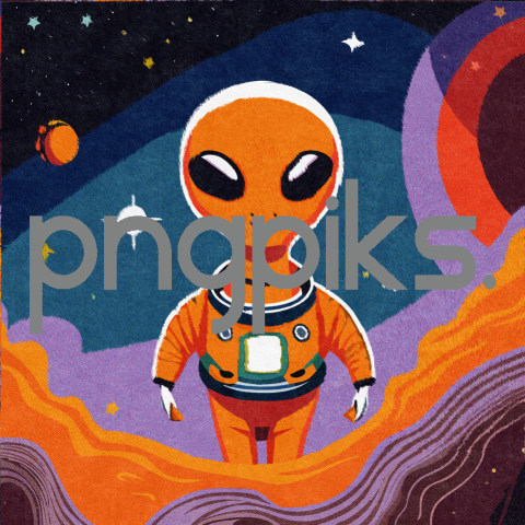 23223277 Cosmic Radiance: Orange Alien Astronaut Shines Bright in Anti Design's Colorful Galaxy Tee