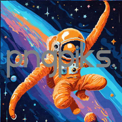 30469233 Nebula Dreamscape: Orange Alien Astronaut Dances in Anti Design's Colorful Galaxy Tee