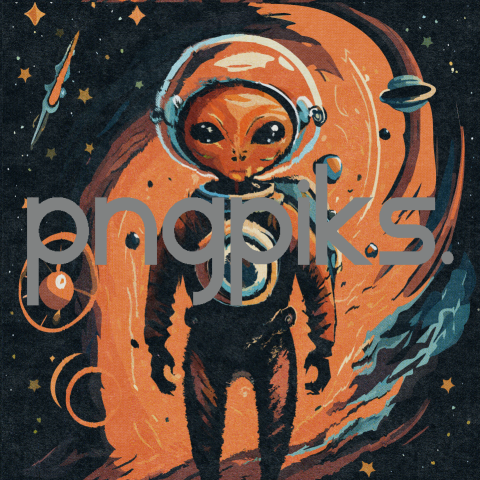 33650202 Bold and Colorful: Orange Alien Astronaut T-Shirt Design with Half-Tone Galaxy Effect