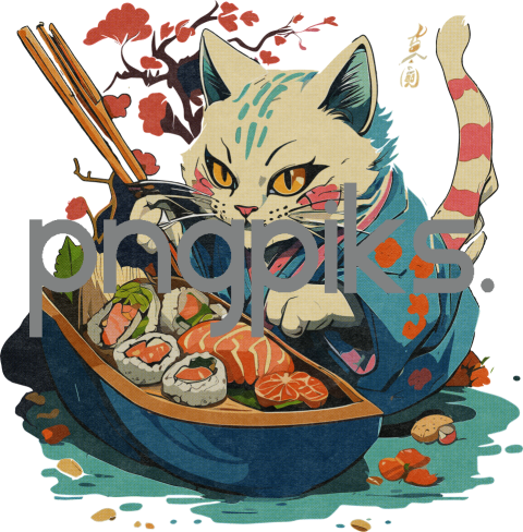 1294152 Unorthodox Elegance: Feline Sushi Art in Half-Tone T-Shirt Design