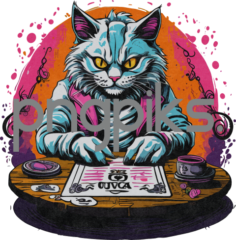 1007650 Enigmatic Fusion: Anti-Design Cat Playing Ouija, Half-Tone Tee Delight