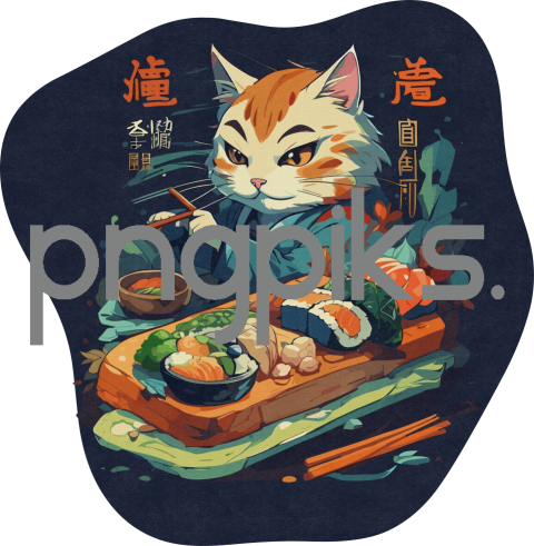 1046816 Whimsical Cat Sushi Tee: Anti-Design Half-Tone T-Shirt Creation