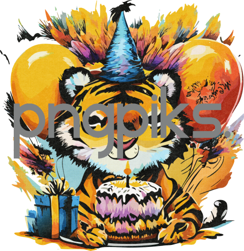 16948041 Happy Birthday Funnies Cartoon Tiger Zodiac Animal Abstract Wall Art | Print-on-Demand T-Shirt Design